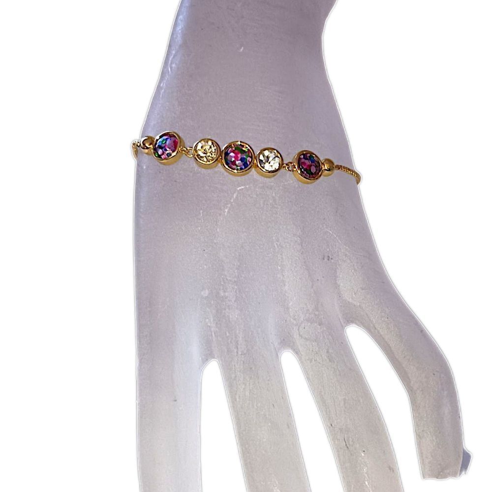 Rhinestone Bolo Bracelet‎ Adjustable Bezel Set Confetti Gold Tone Multi Color